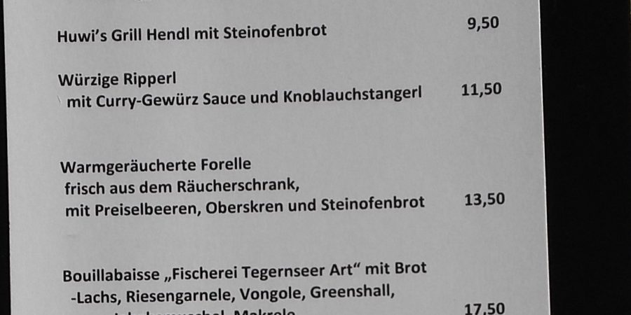 Speisekarte der „hendl fischerei" am Asitz, Leogang, Salzburger Land.